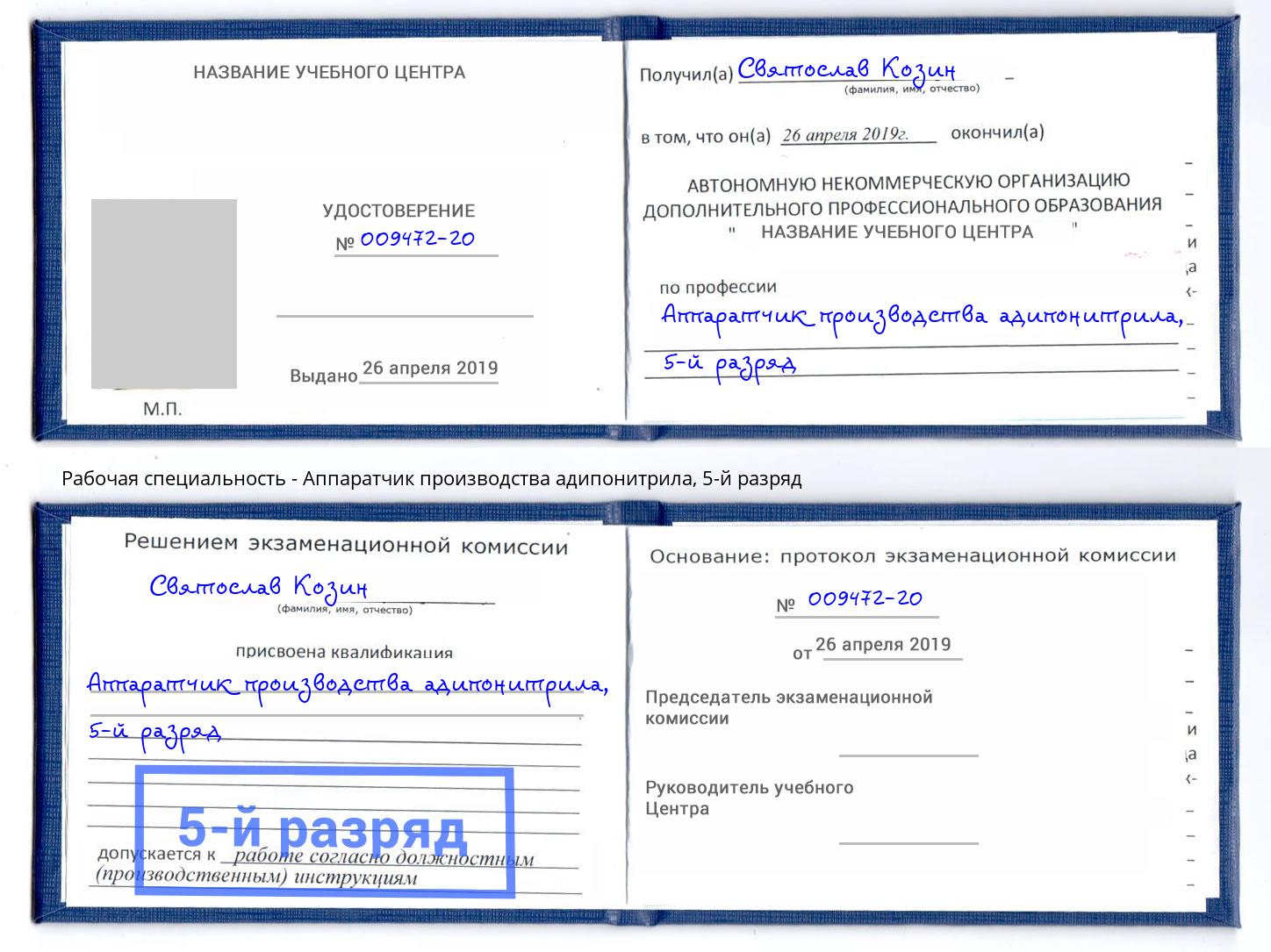 корочка 5-й разряд Аппаратчик производства адипонитрила Камышин