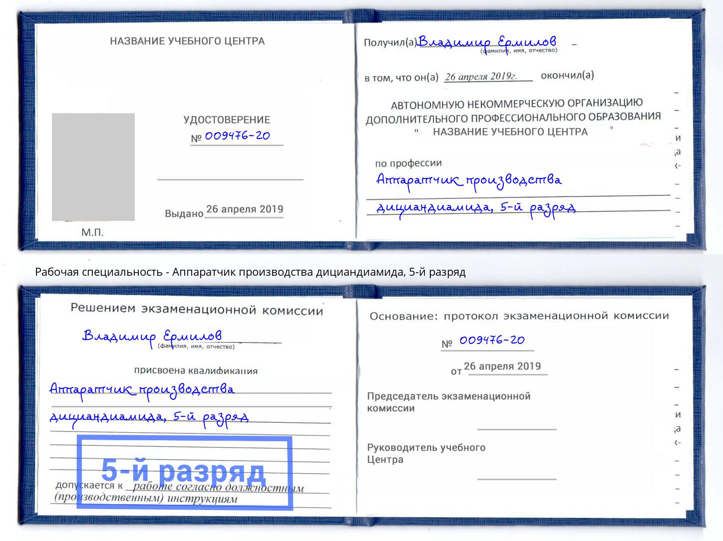 корочка 5-й разряд Аппаратчик производства дициандиамида Камышин