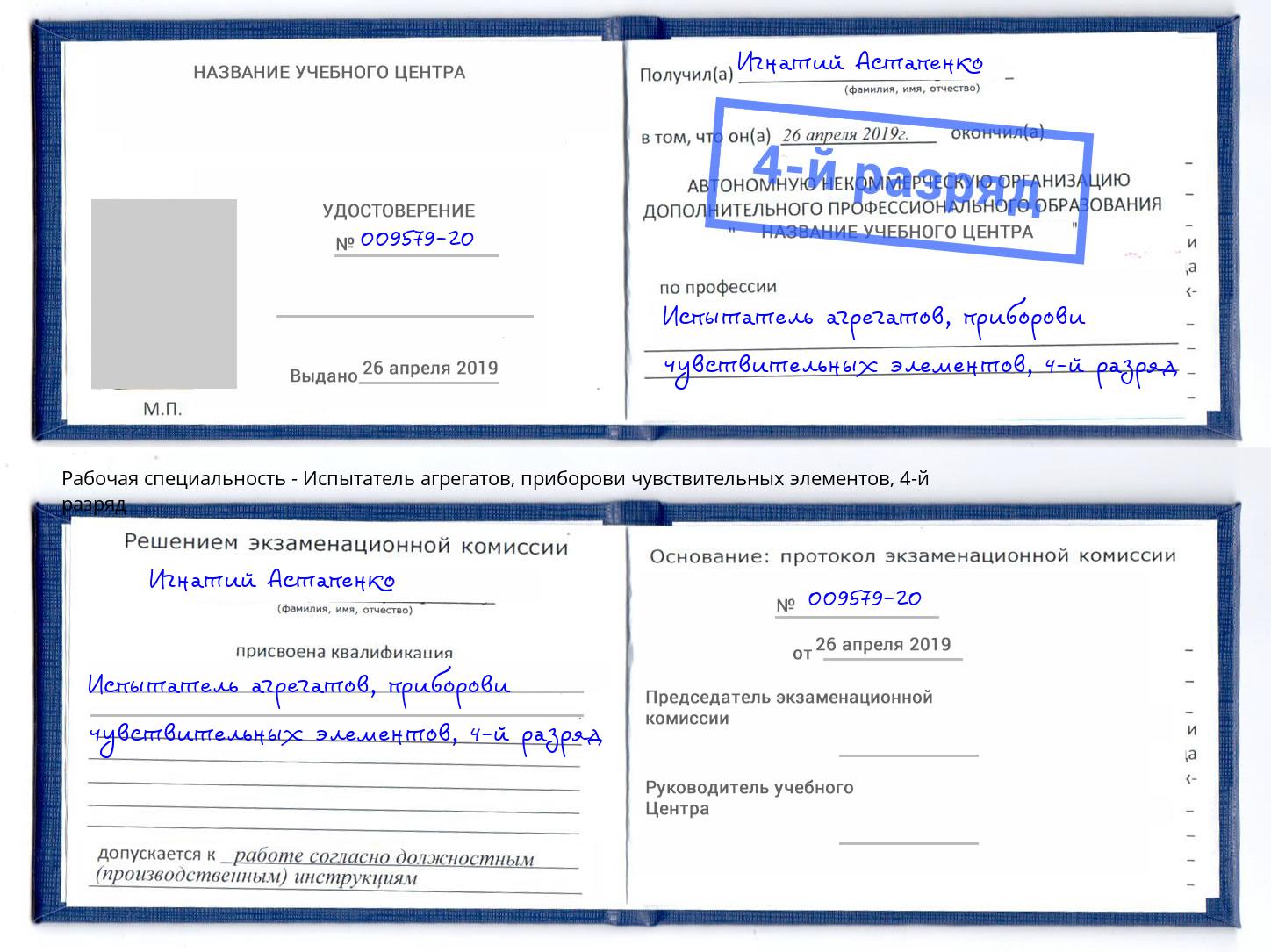 корочка 4-й разряд Испытатель агрегатов, приборови чувствительных элементов Камышин