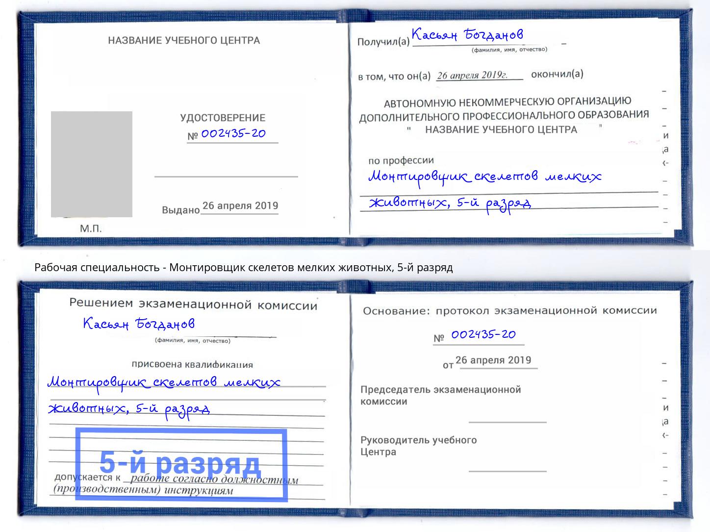корочка 5-й разряд Монтировщик скелетов мелких животных Камышин