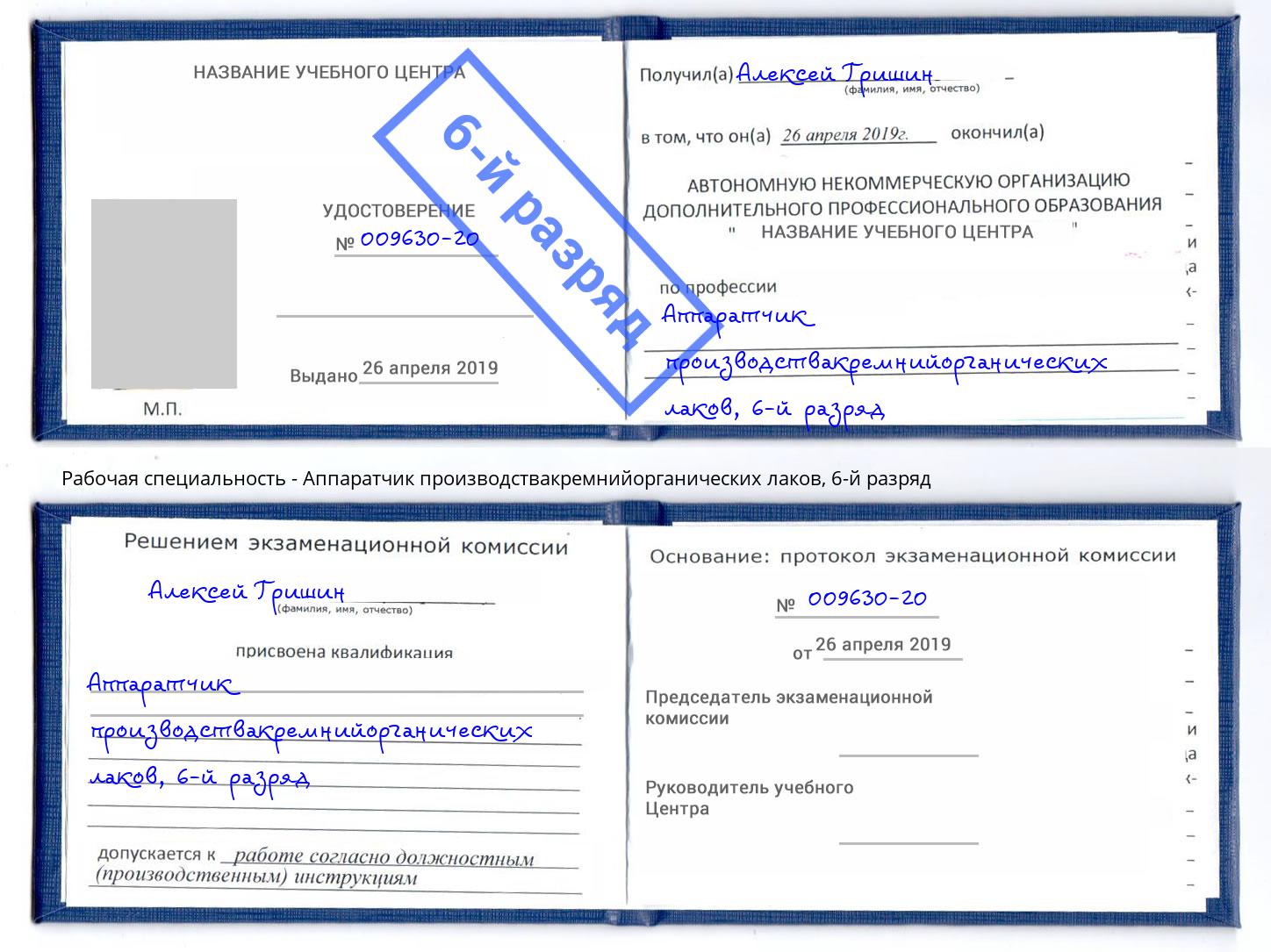 корочка 6-й разряд Аппаратчик производствакремнийорганических лаков Камышин