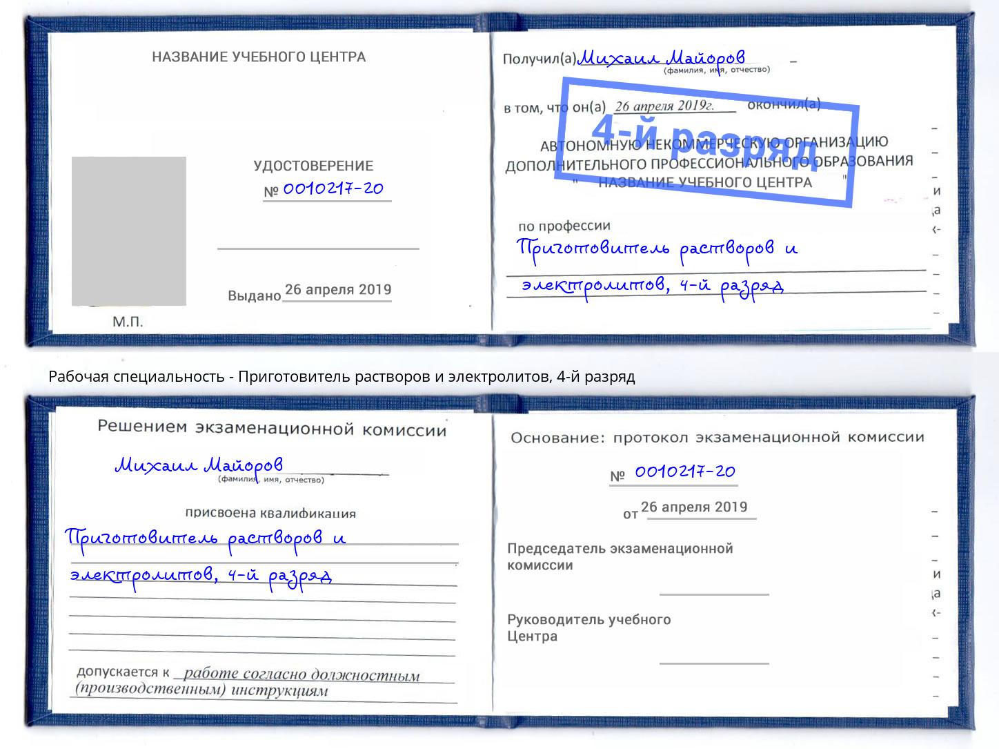 корочка 4-й разряд Приготовитель растворов и электролитов Камышин