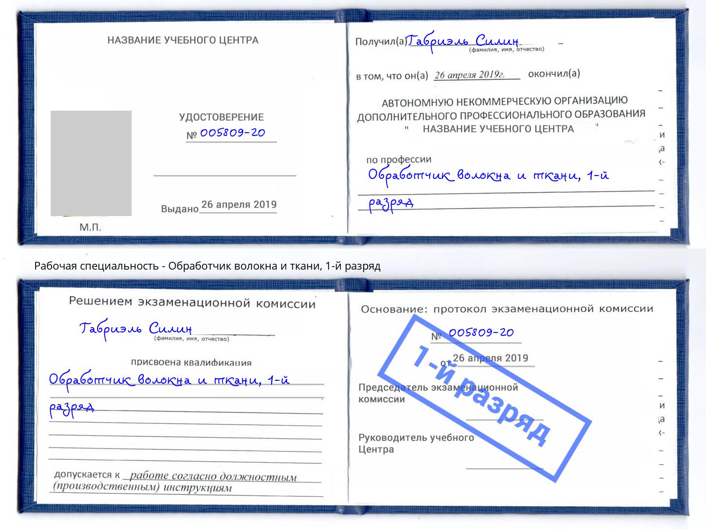 корочка 1-й разряд Обработчик волокна и ткани Камышин