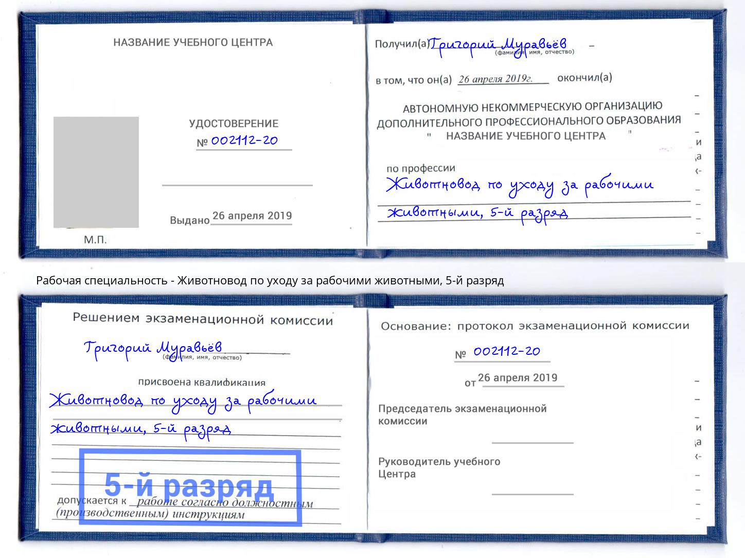корочка 5-й разряд Животновод по уходу за рабочими животными Камышин