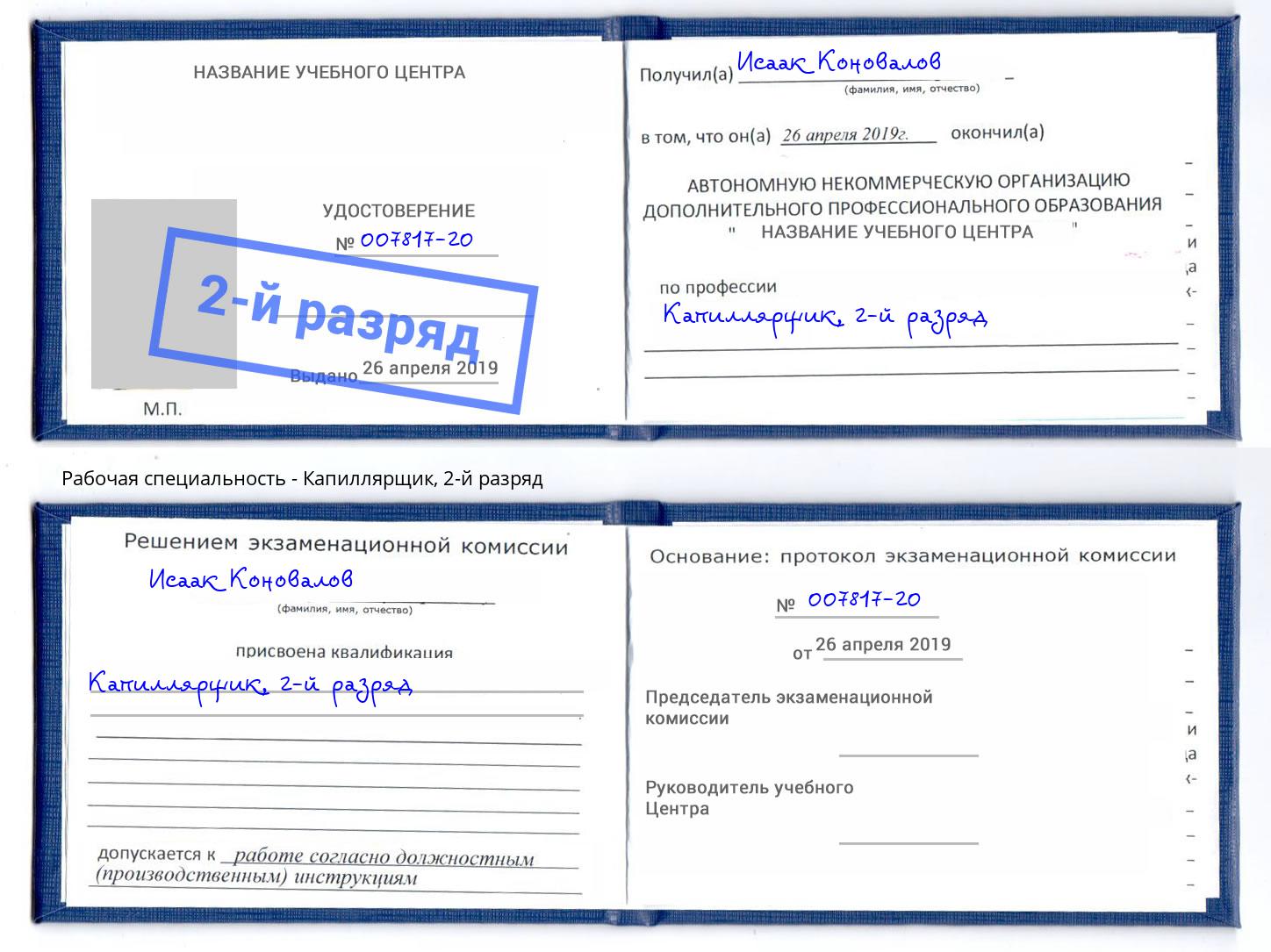 корочка 2-й разряд Капиллярщик Камышин