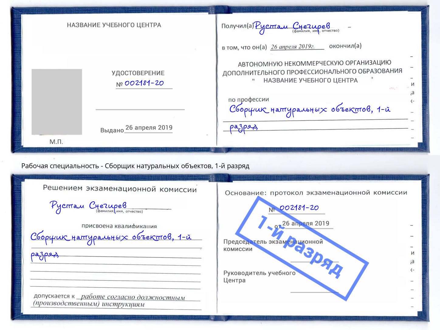 корочка 1-й разряд Сборщик натуральных объектов Камышин