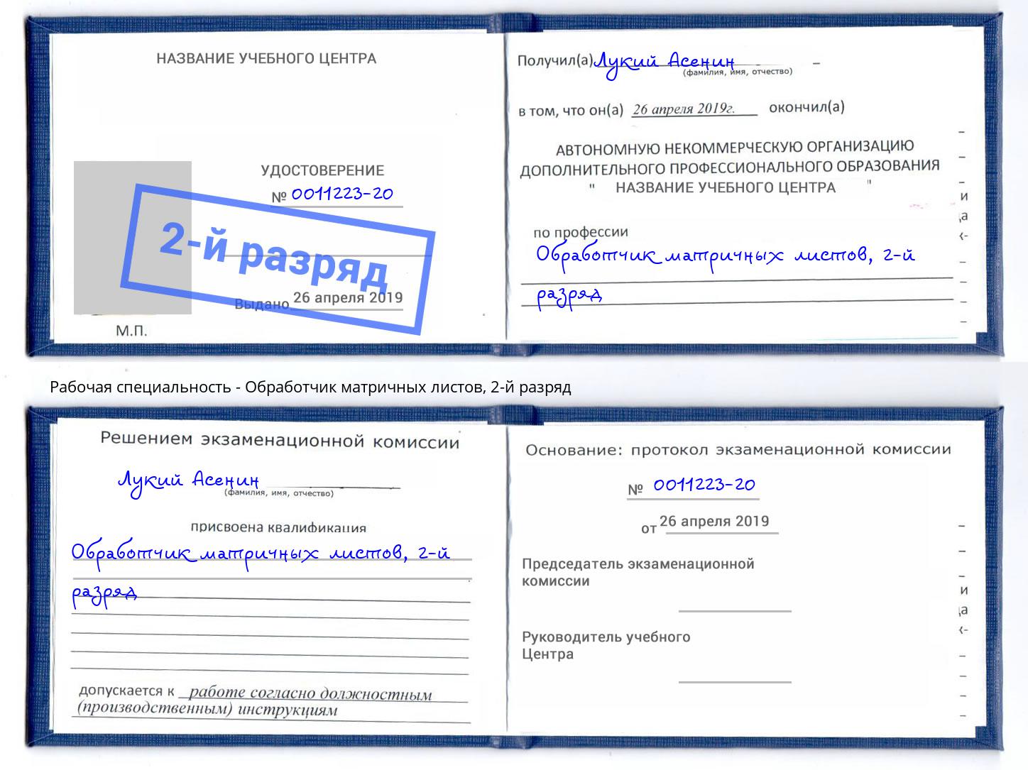 корочка 2-й разряд Обработчик матричных листов Камышин
