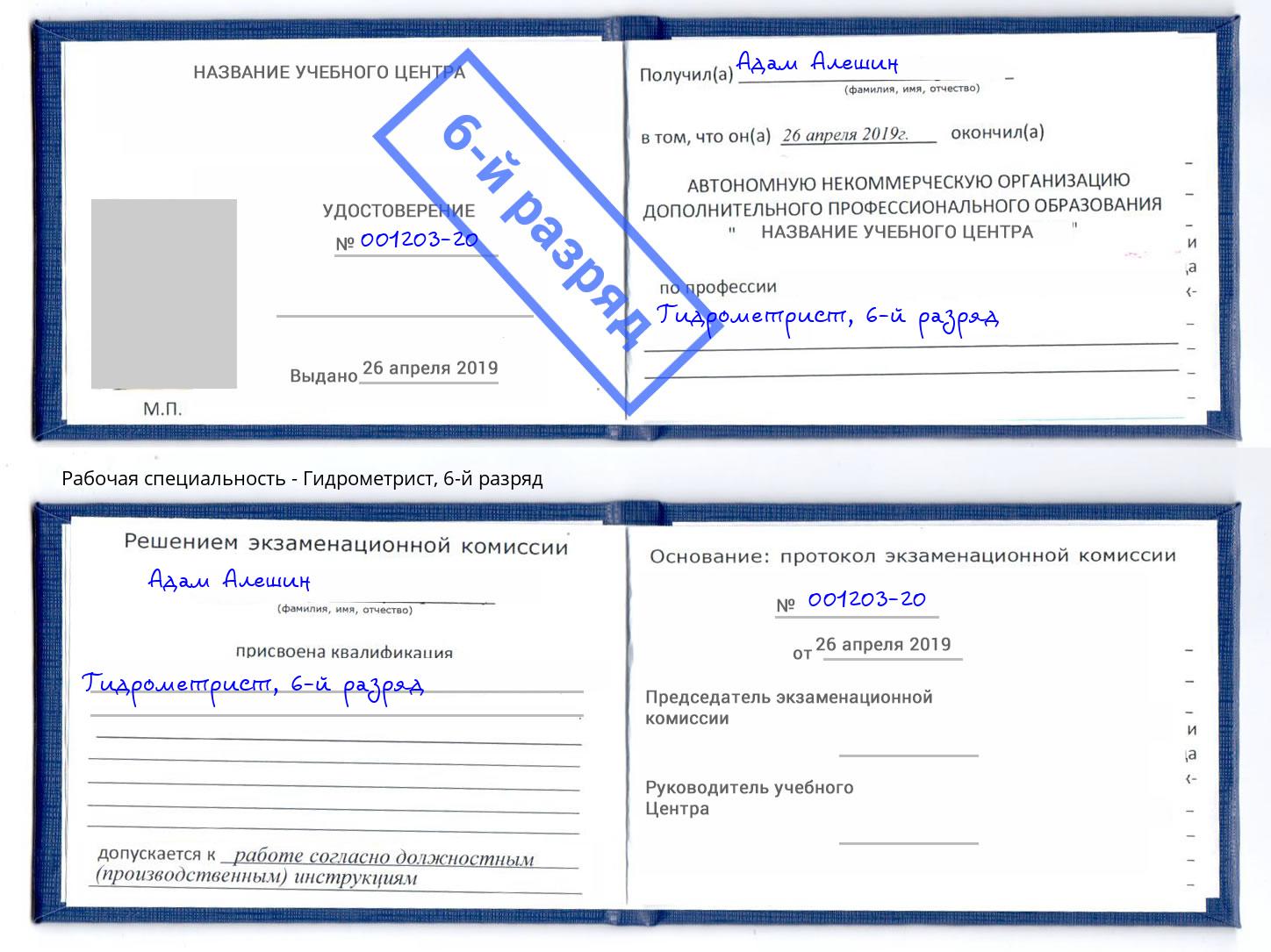 корочка 6-й разряд Гидрометрист Камышин