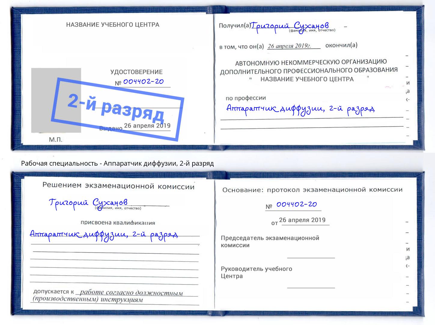 корочка 2-й разряд Аппаратчик диффузии Камышин